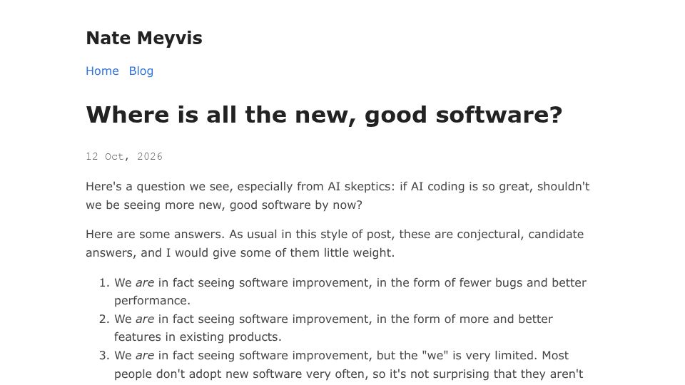 Screenshot of natemeyvis.com: Where is all the new, good software?