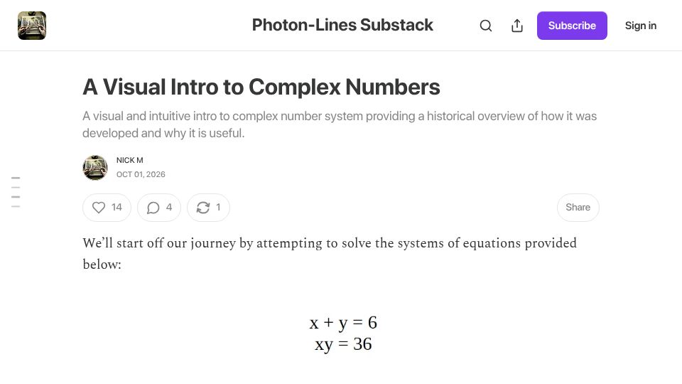 Screenshot of photonlines.substack.com: A Visual Intro to Complex Numbers