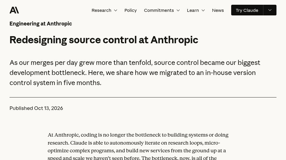 Screenshot of anthropic.com: Redesigning source control at Anthropic