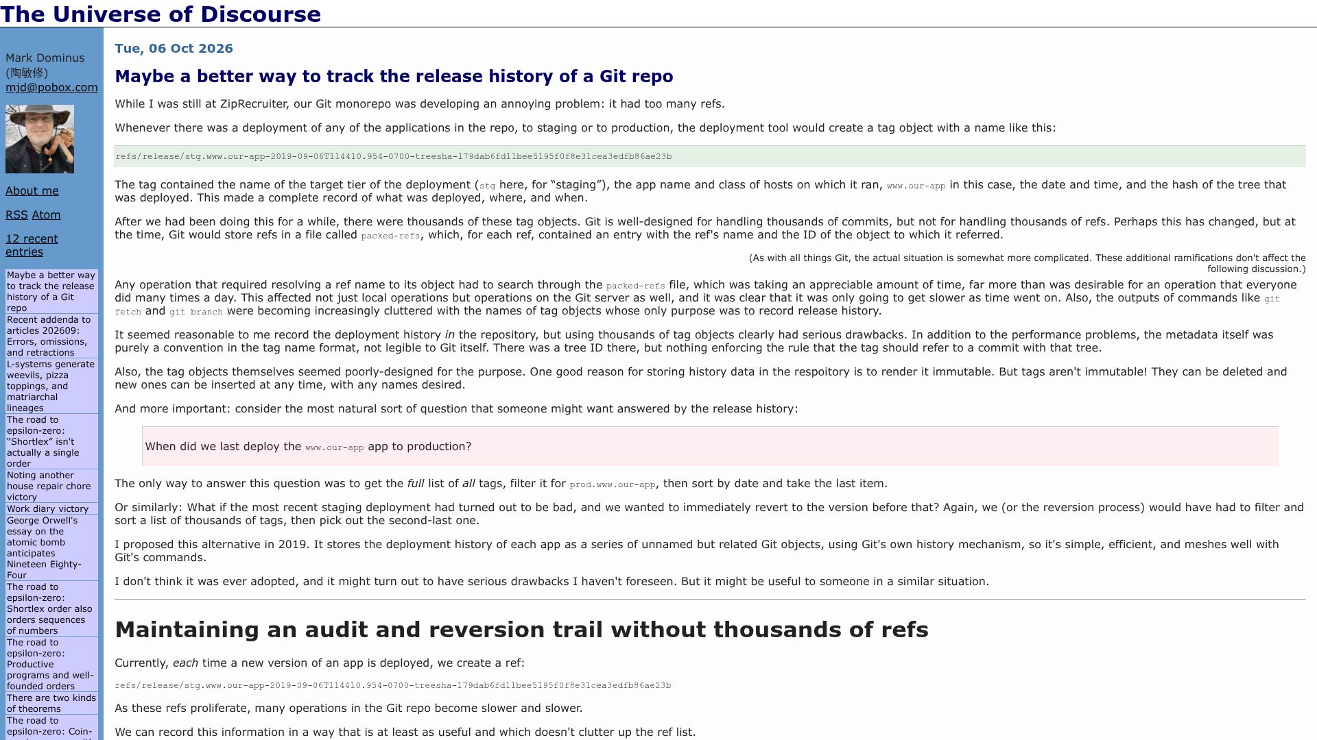 Screenshot of blog.plover.com: Maybe a better way to track the release history of a Git repo