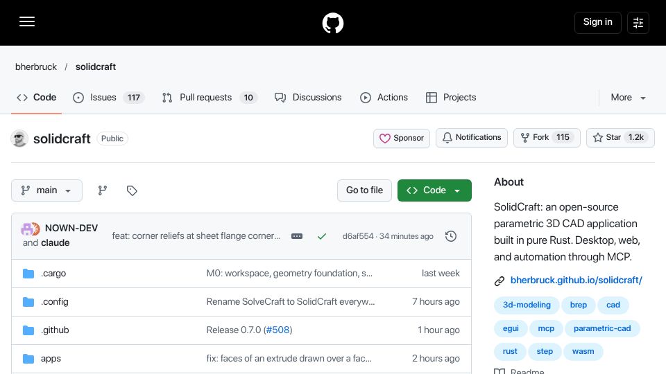 Screenshot of github.com: Show HN: SolidCraft – Open-Source Parametric CAD in Rust (With MCP Support)