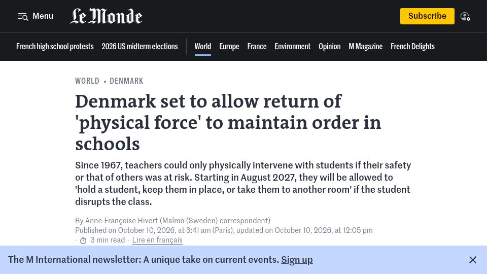 Screenshot of lemonde.fr: Denmark set to allow return of 'physical force' in school