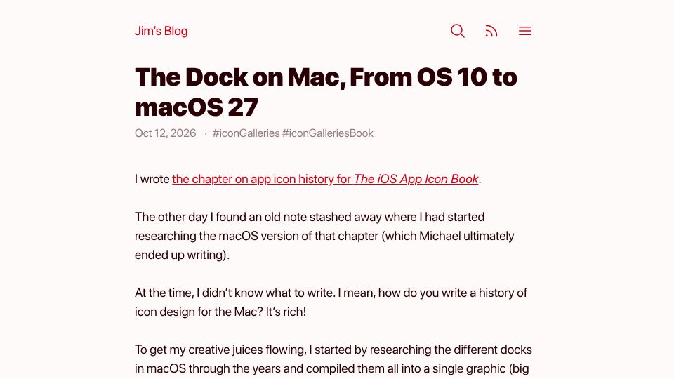 Screenshot of blog.jim-nielsen.com: The Dock on Mac, from OS 10 to macOS 27