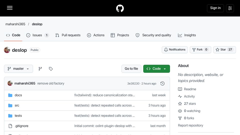 Screenshot of github.com: Show HN: Deslop – Oxlint rules for AI-generated TypeScript