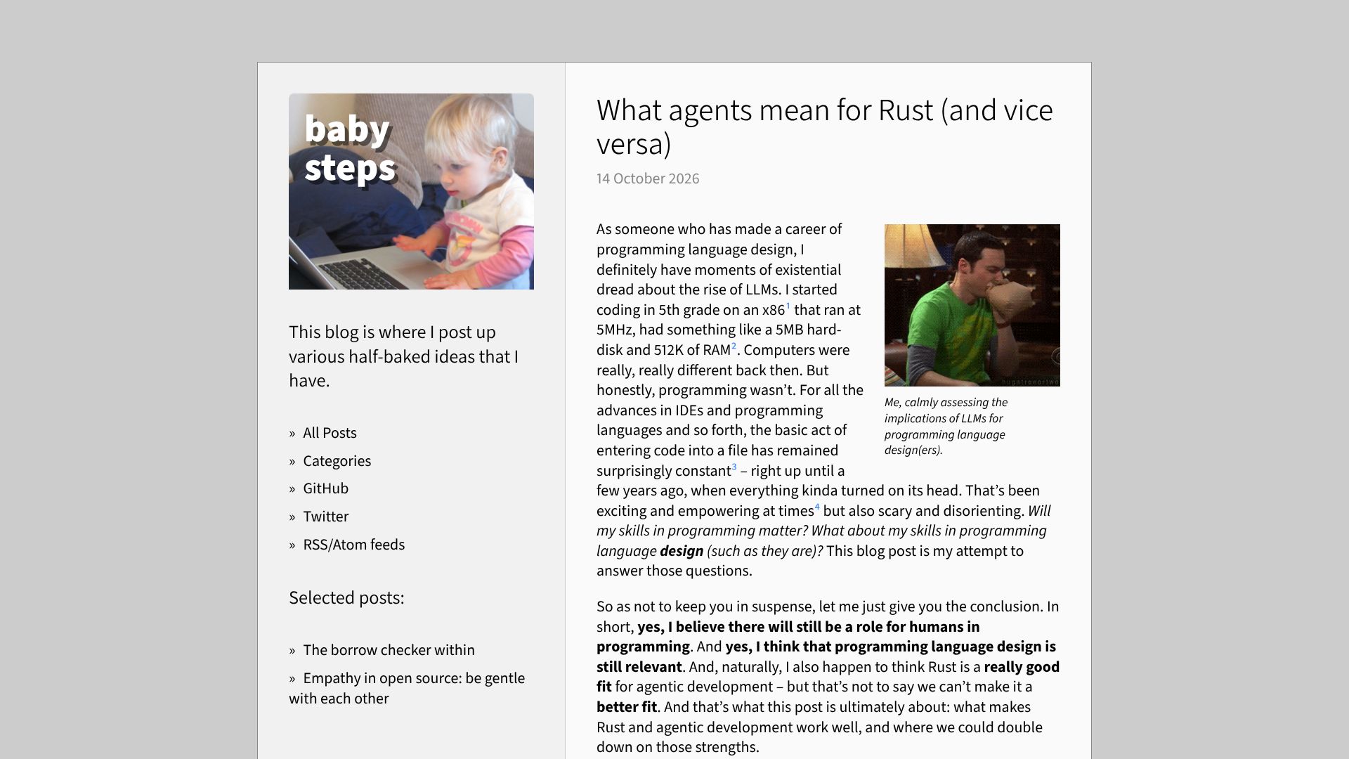 Screenshot of smallcultfollowing.com: What agents mean for Rust (and vice versa)