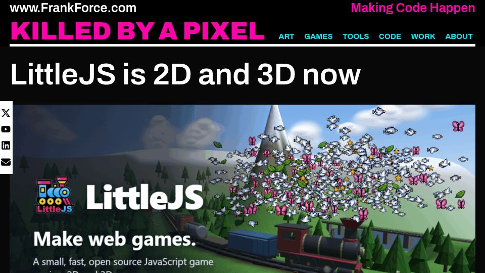 Screenshot of frankforce.com: LittleJS is 2D and 3D now
