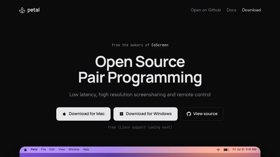 Screenshot of petal.live: Show HN: Petal, open-source CoScreen/ScreenHero finally free