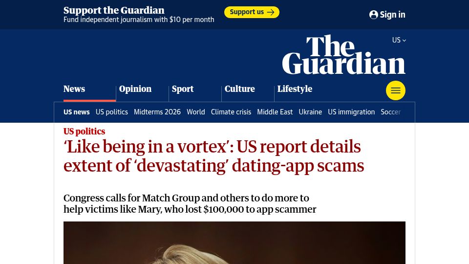 Screenshot of theguardian.com: US report details extent of 'devastating' dating-app scams