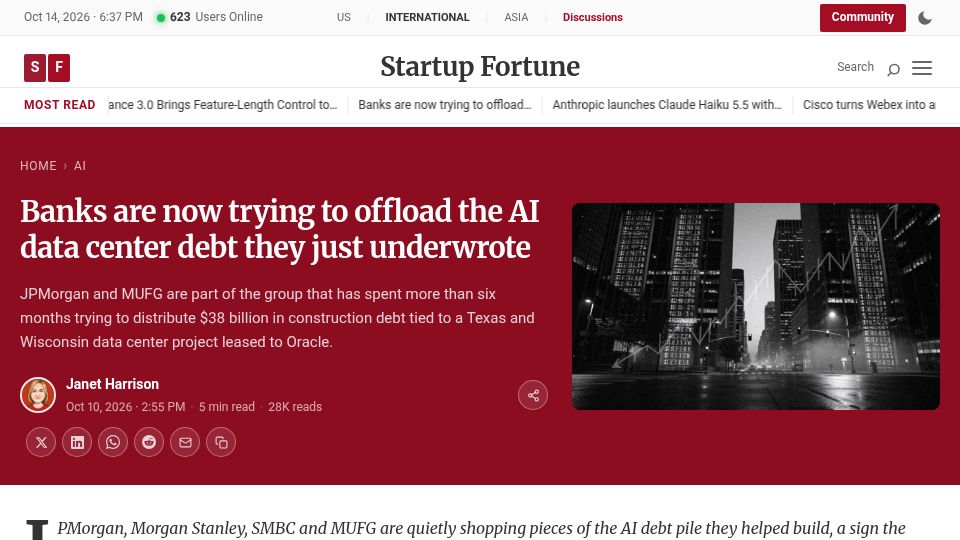 Screenshot of startupfortune.com: Banks are now trying to offload the AI data center debt they just underwrote