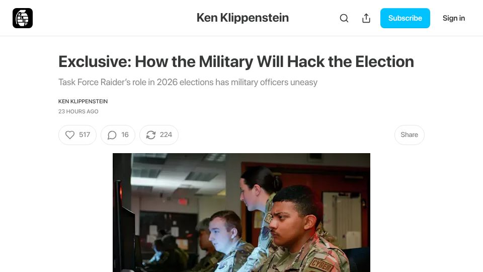 Screenshot of kenklippenstein.com: How the Military Will Hack the Election