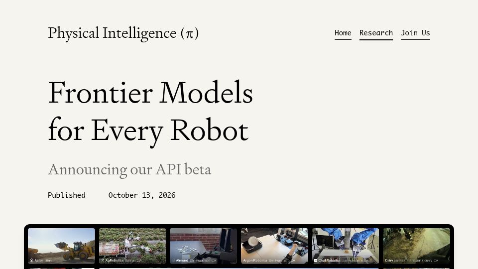 Screenshot of pi.website: Physical Intelligence API Beta: Frontier Models for Every Robot