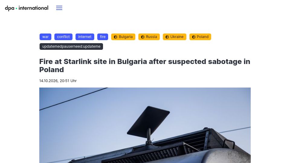 Screenshot of dpa-international.com: Fire at Starlink site in Bulgaria after suspected sabotage in Poland