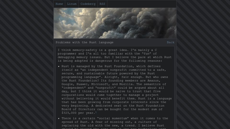 Screenshot of oxetene.net: Problems with the Rust Language