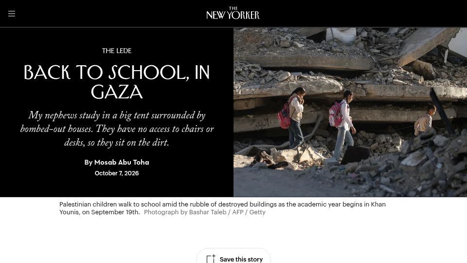 Screenshot of newyorker.com: Back to School, in Gaza