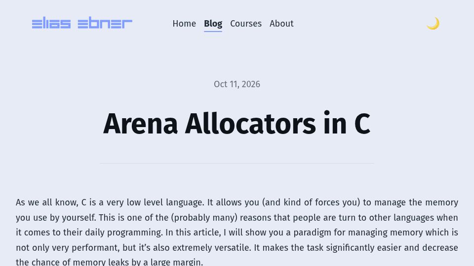 Screenshot of eliasebner.com: Arena Allocators in C