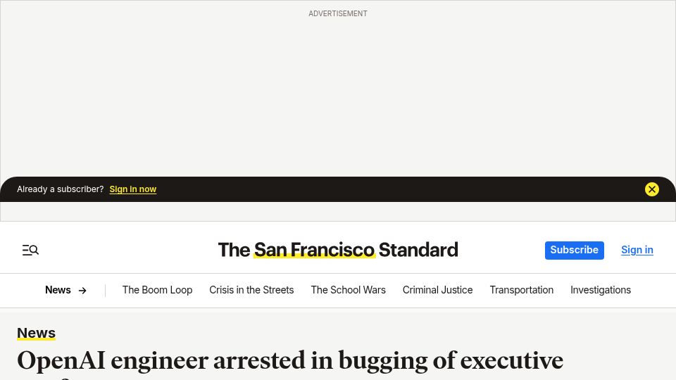 Screenshot of sfstandard.com: OpenAI engineer arrested in bugging of executive conference room