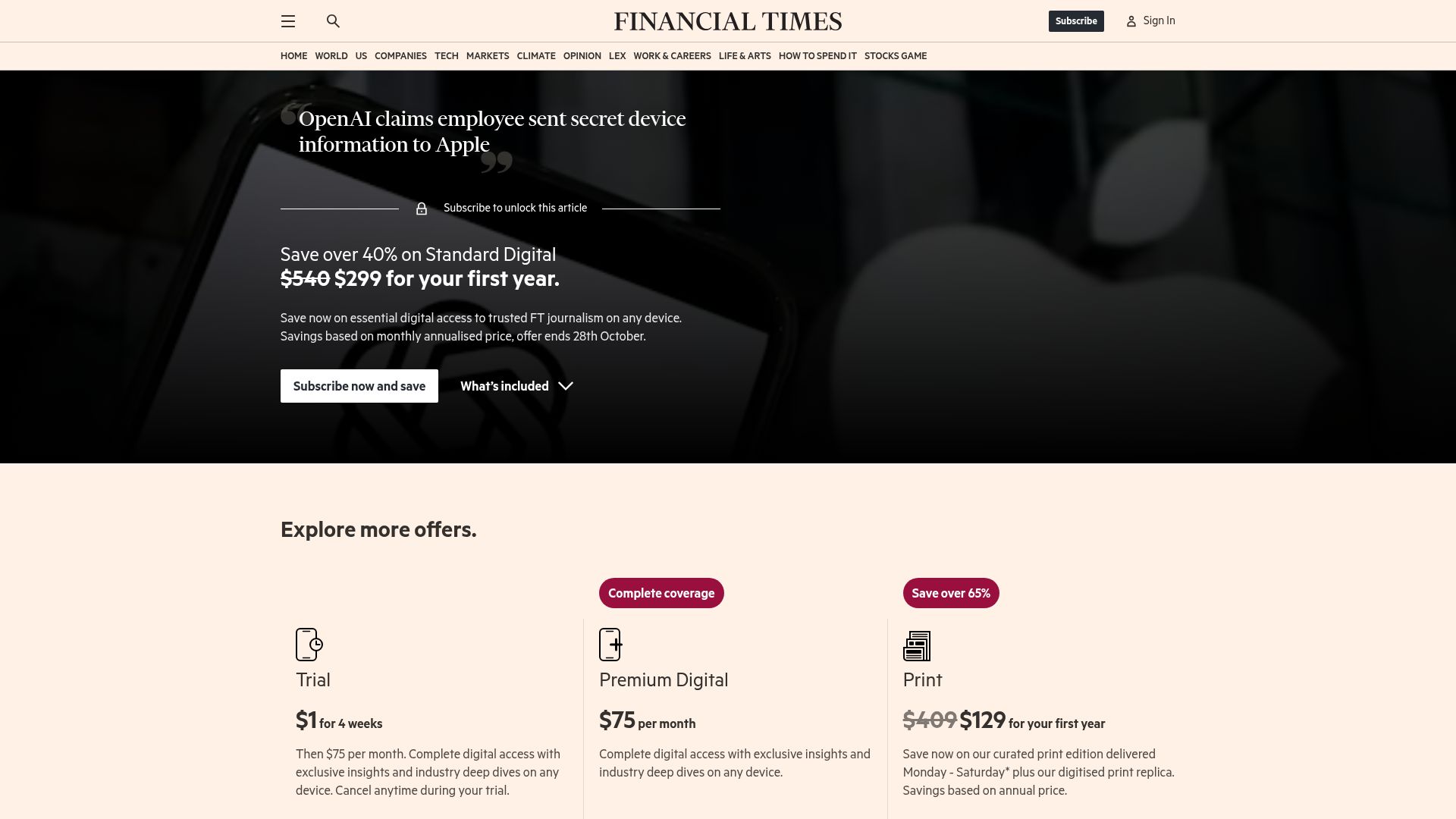 Screenshot of ft.com: OpenAI claims employee sent secret device information to Apple