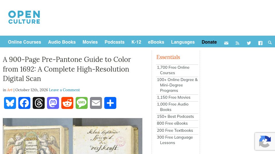 Screenshot of openculture.com: 900-Page Pre-Pantone Guide to Color from 1692 (With Complete High-Res Scan)