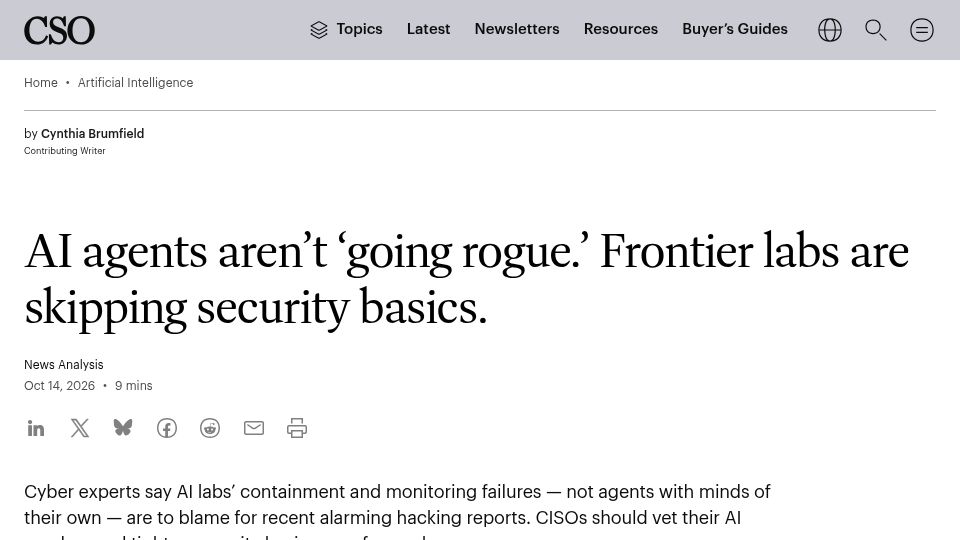 Screenshot of csoonline.com: Containment and monitoring failures are to blame for AI hacking reports: experts
