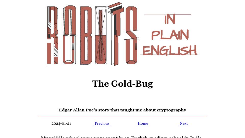 Screenshot of robotsinplainenglish.com: The Gold-Bug: Edgar Allan Poe's story that taught me about cryptography (2024)