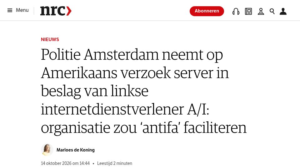 Screenshot of nrc.nl: Amsterdam police confiscates server left-wing ISP A/I at American request