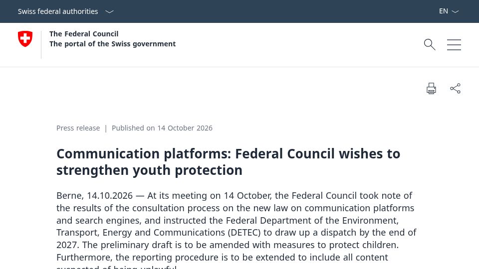 Screenshot of admin.ch: Switzerland proposes banning profiling-based ads to minors