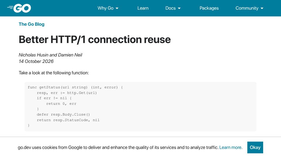 Screenshot of go.dev: Better HTTP/1 connection reuse in Go 1.27
