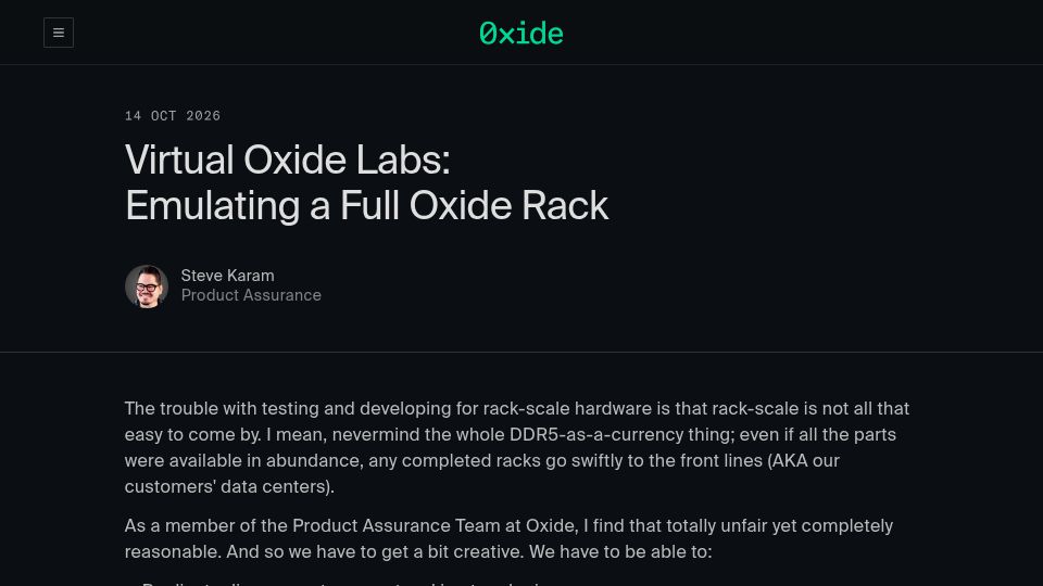 Screenshot of oxide.computer: Virtual Oxide Labs: Emulating a Full Oxide Rack