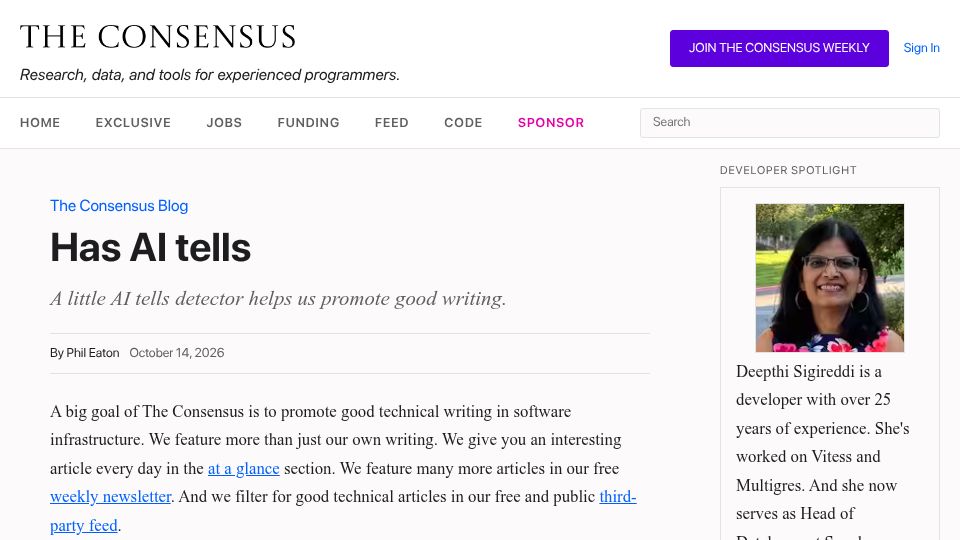 Screenshot of theconsensus.dev: Has AI tells
