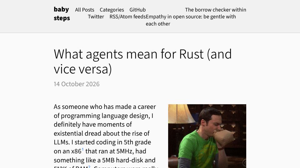 Screenshot of smallcultfollowing.com: What agents mean for Rust (and vice versa)