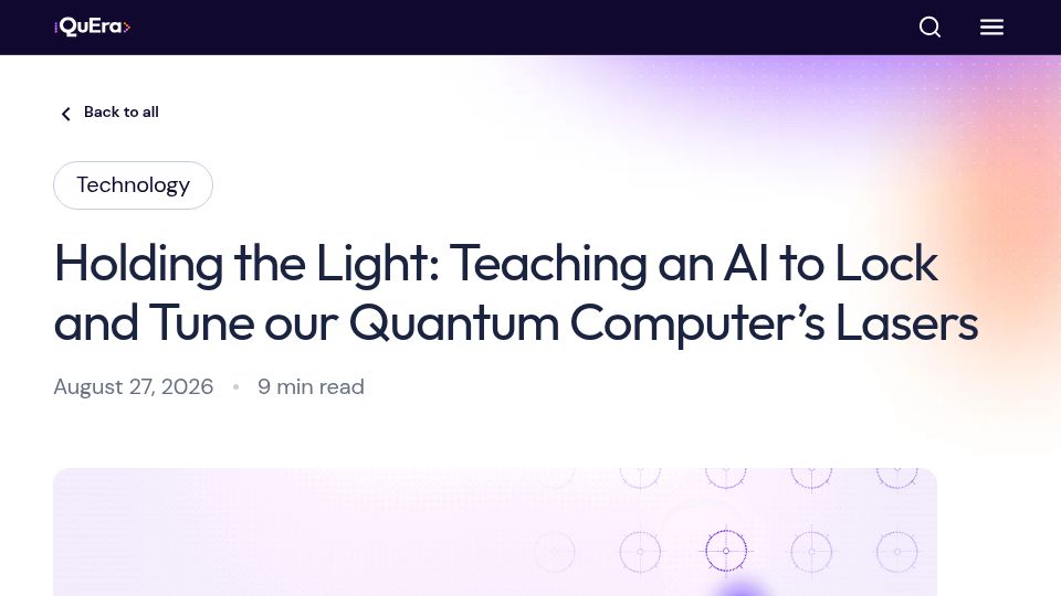 Screenshot of quera.com: AI Laser Locking for Quantum Computers: How QuEra Automates It