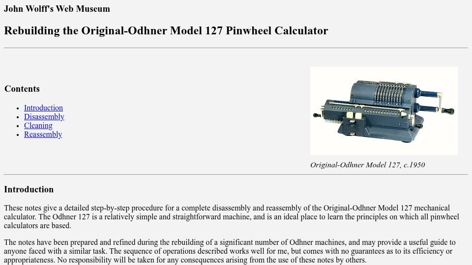 Screenshot of johnwolff.au: Rebuilding the Original Odhner Model 127 Pinwheel Calculator