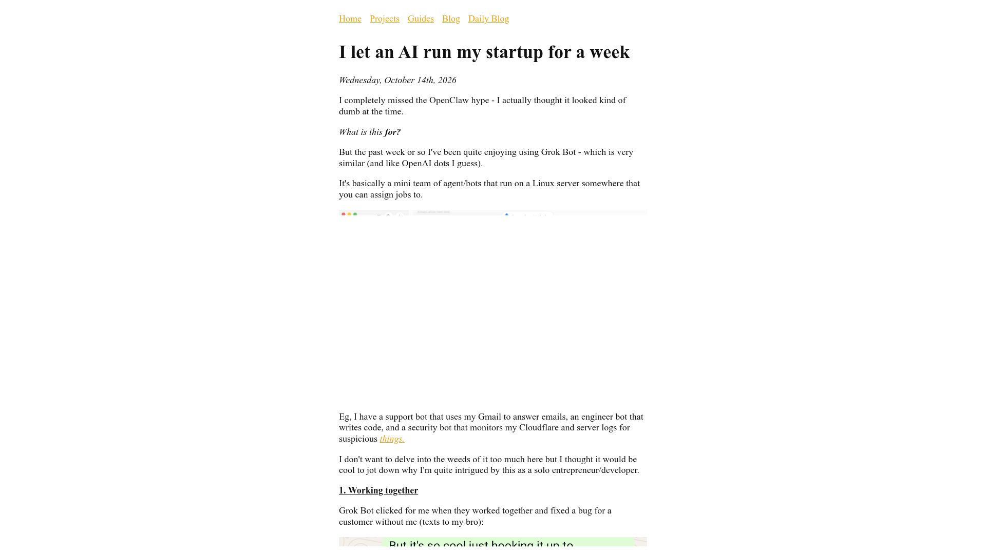 Screenshot of daily.tinyprojects.dev: I let an AI run my startup for a week