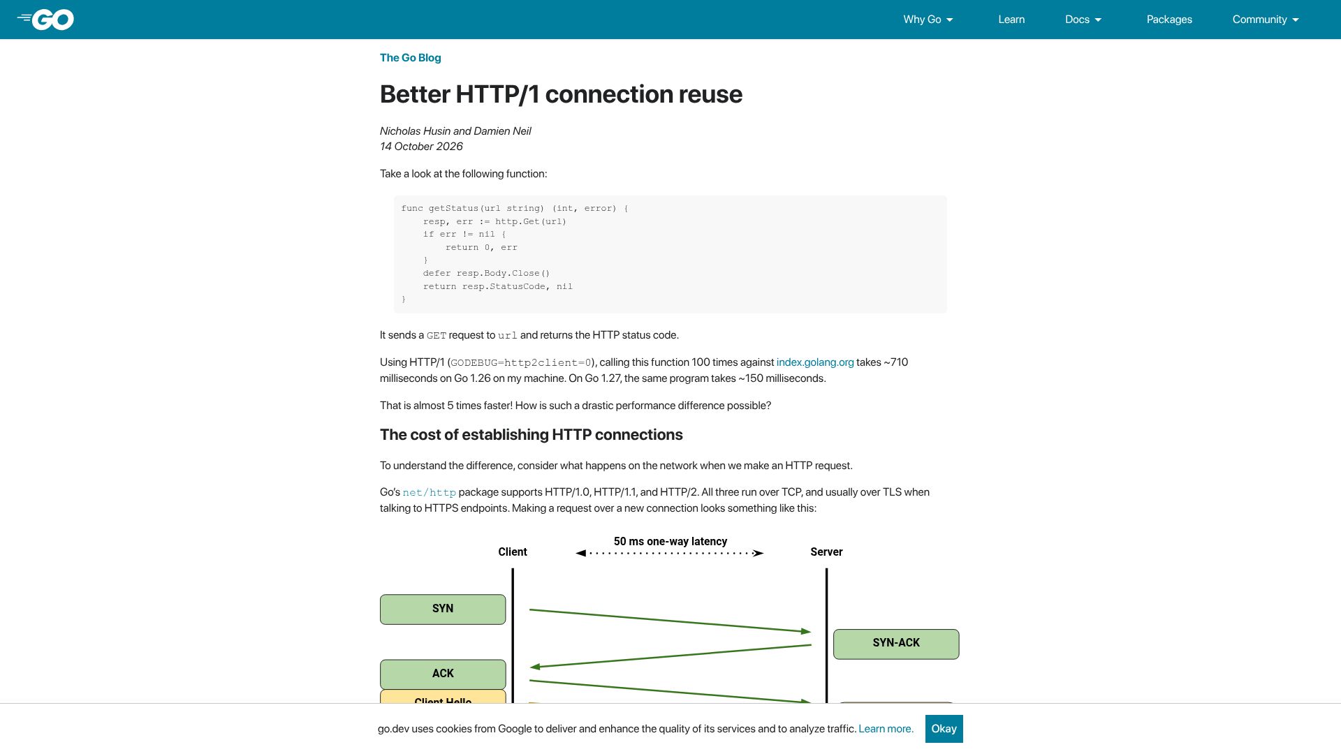 Screenshot of go.dev: Better HTTP/1 connection reuse in Go 1.27