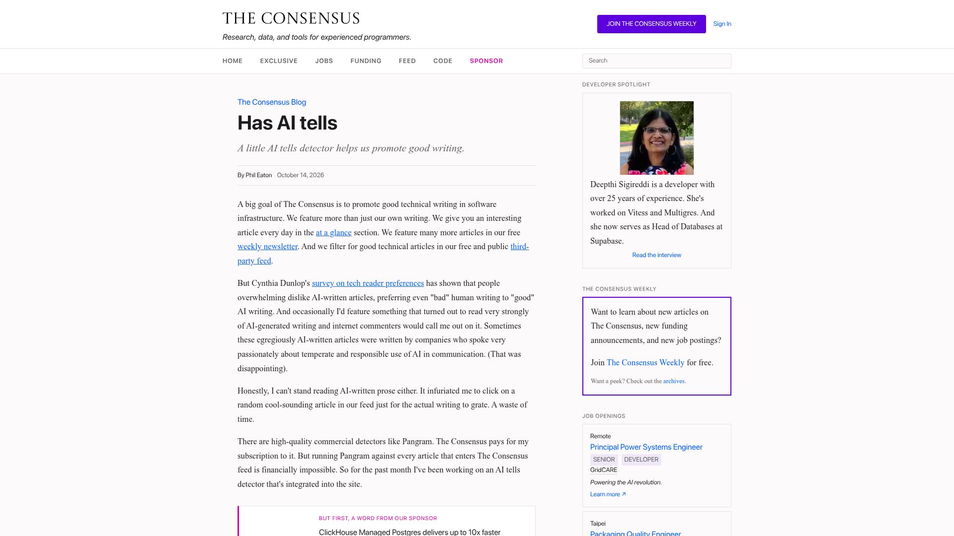 Screenshot of theconsensus.dev: Has AI tells