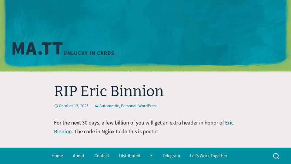 Screenshot of ma.tt: RIP Eric Binnion