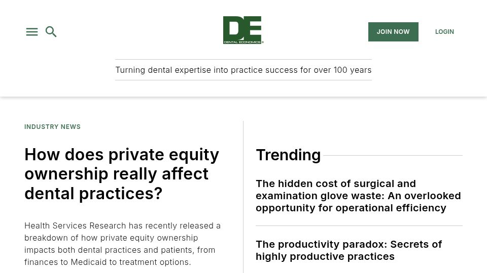 Screenshot of dentaleconomics.com: Private equity ownership affects dental practices