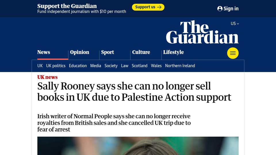Screenshot of theguardian.com: Sally Rooney can no longer sell books in UK due to Palestine Action support