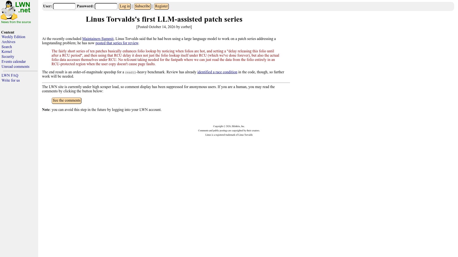 Screenshot of lwn.net: Linus Torvalds's first LLM-assisted patch series