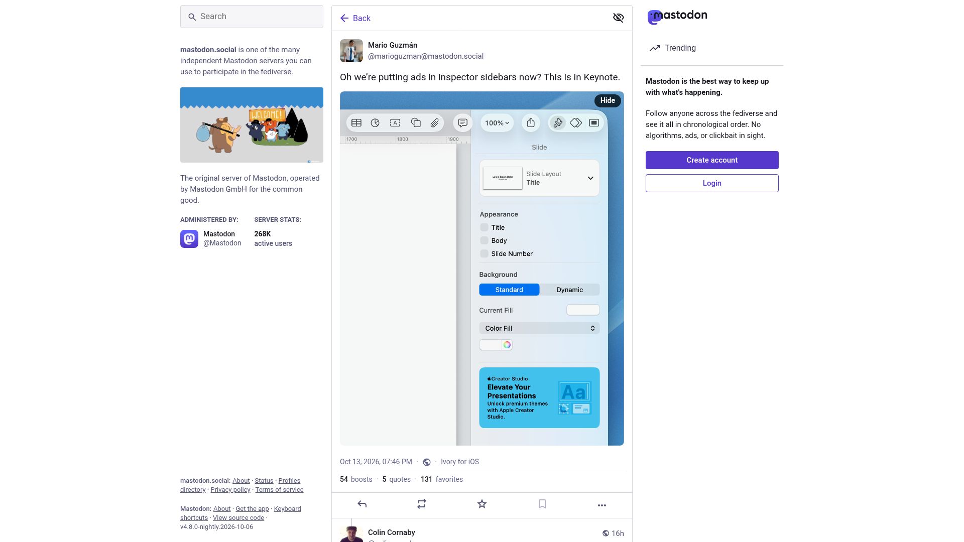 Screenshot of mastodon.social: Apple Keynote now showing ads in its UI
