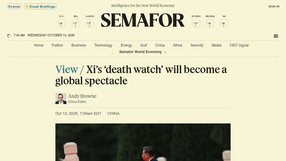 Screenshot of semafor.com: Xi's 'death watch' will become a global spectacle