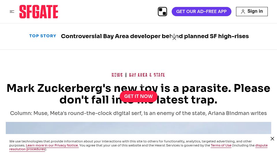 Screenshot of sfgate.com: Zuckerberg's new toy is a parasite. Please don't fall for it
