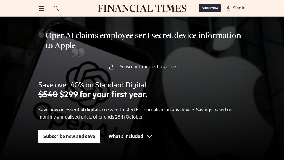 Screenshot of ft.com: OpenAI claims employee sent secret device information to Apple