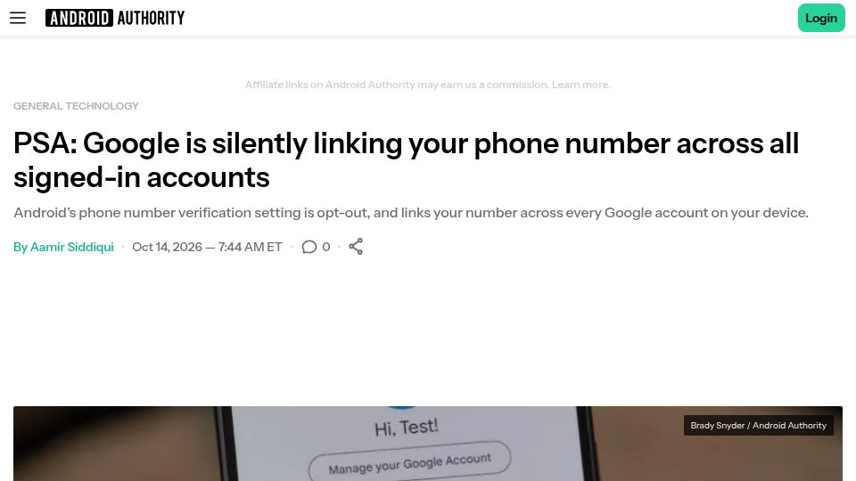 Screenshot of androidauthority.com: Google is silently linking your phone number across all signed-in accounts