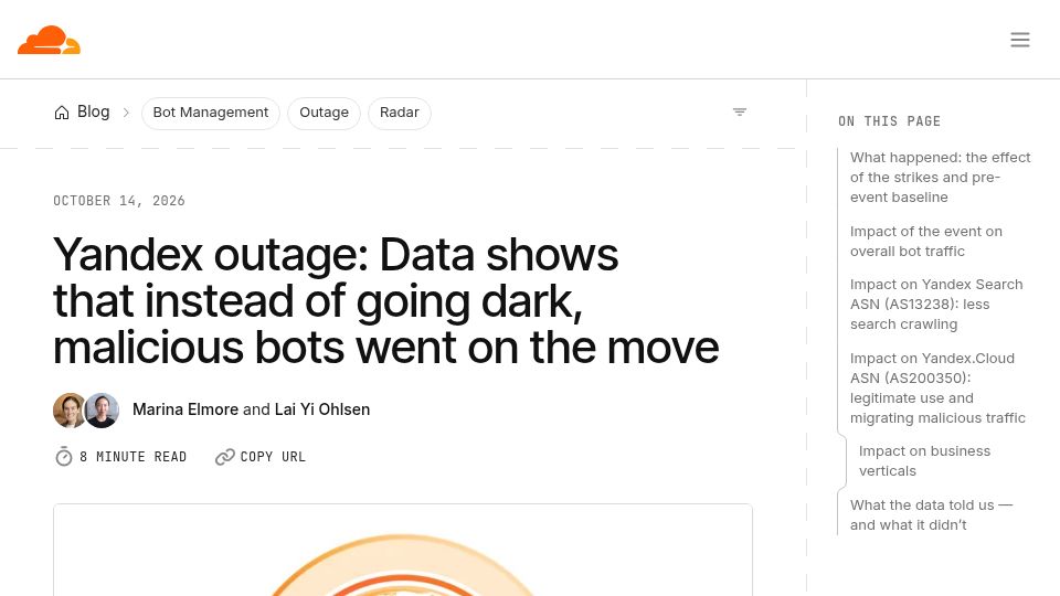 Screenshot of blog.cloudflare.com: Yandex outage: data shows that instead of going dark, malicious bots moved
