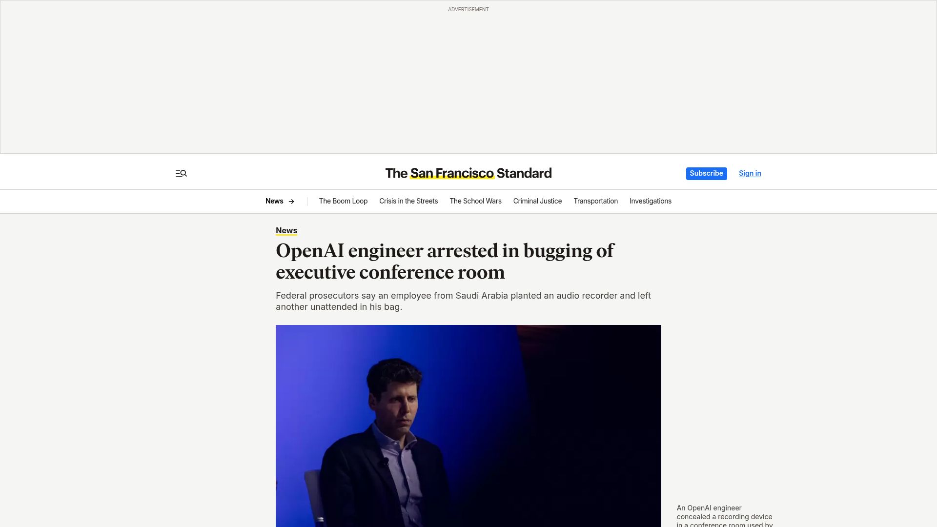 Screenshot of sfstandard.com: OpenAI engineer arrested in bugging of executive conference room