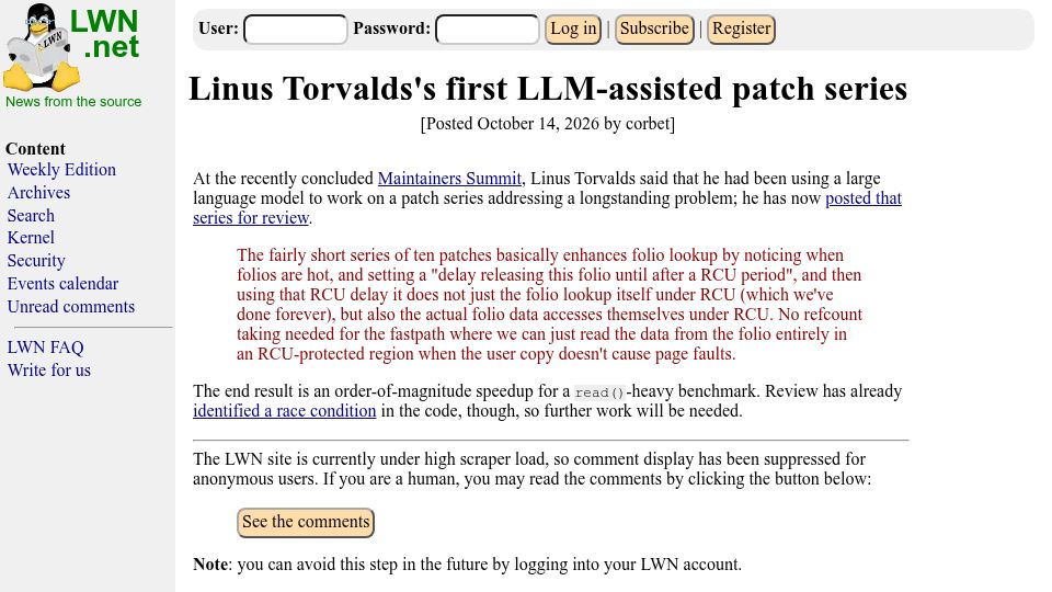 Screenshot of lwn.net: Linus Torvalds's first LLM-assisted patch series