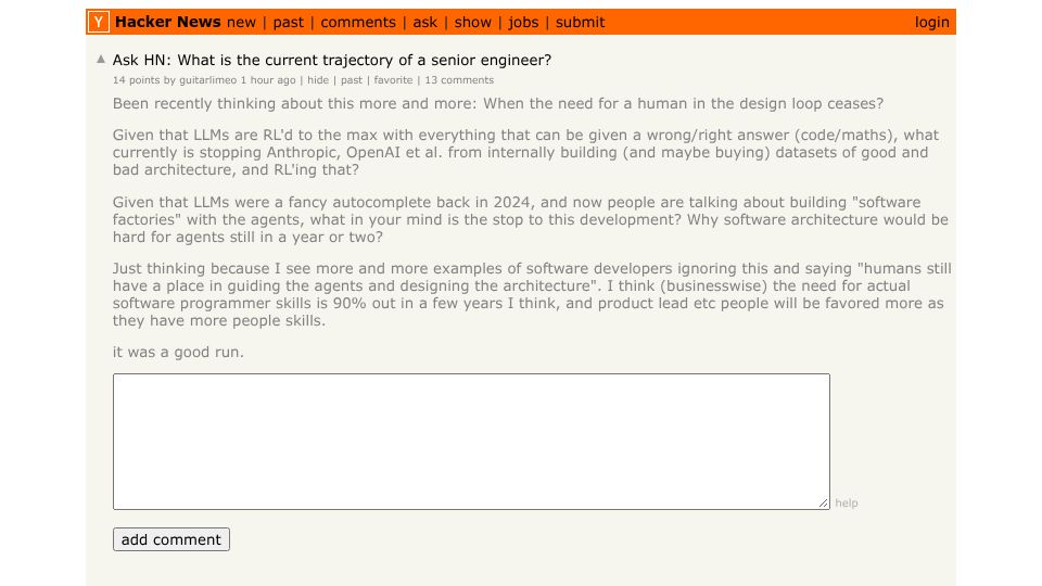 Screenshot of Hacker News post: Ask HN: What is the current trajectory of a senior engineer?