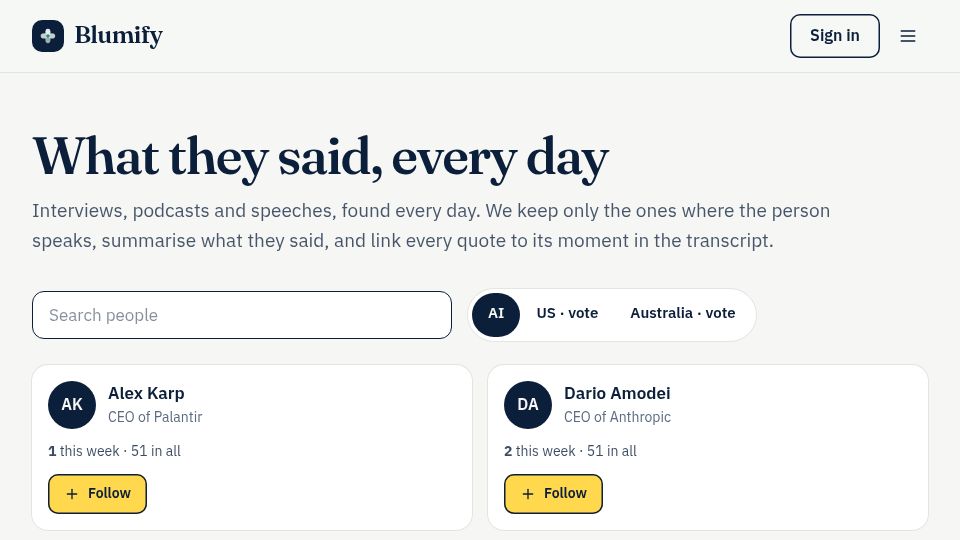 Screenshot of blumify.io: Show HN: I built a tool to track what AI leaders say and how their views change