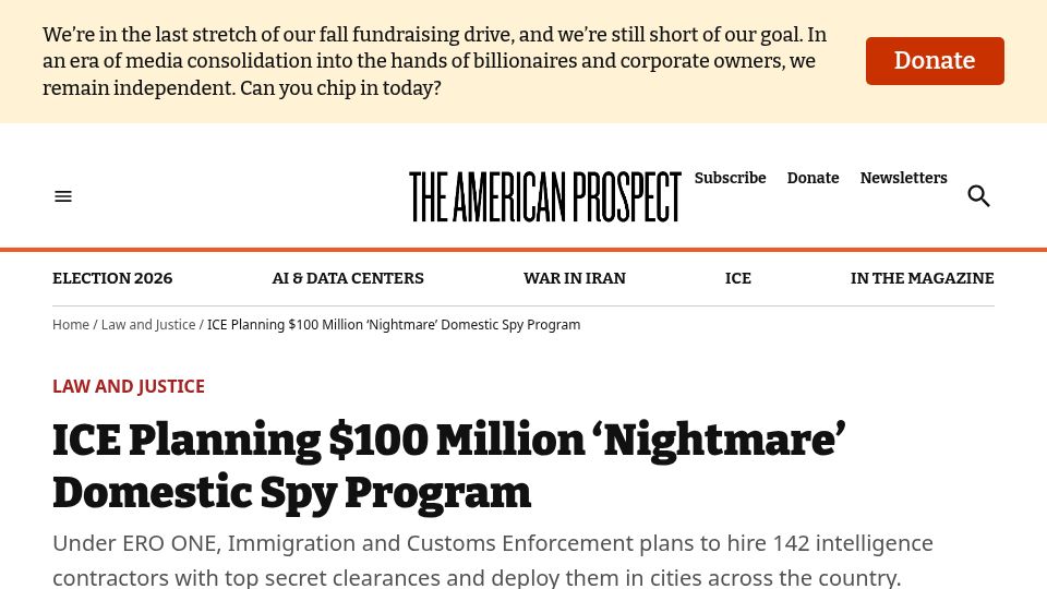 Screenshot of prospect.org: ICE Planning $100M 'Nightmare' Domestic Spy Program